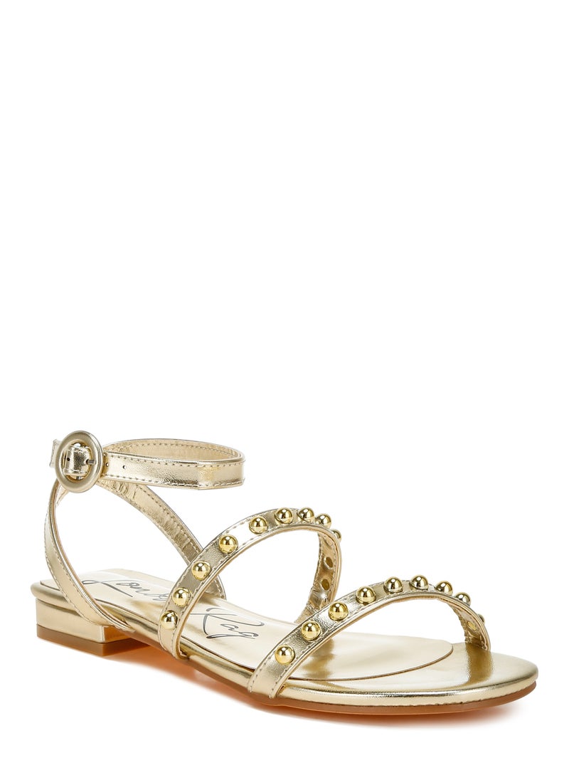 Studded Ankle Strap Flat Sandals in Gold