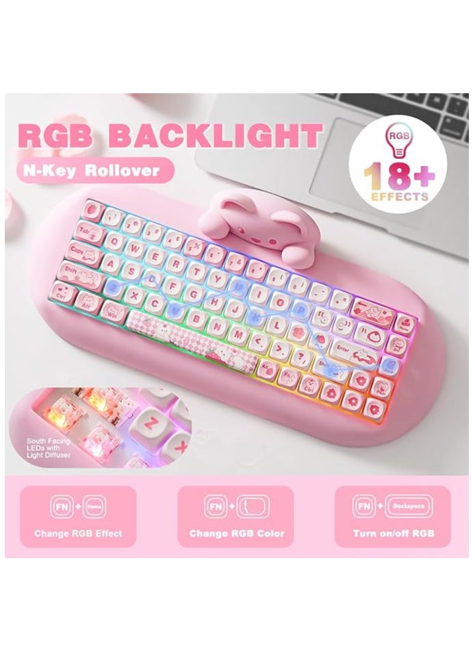 C68 Wireless Mechanical Keyboard, 65% Gaming Keyboard Hot Swap,Triple Mode BT5.0/2.4G/Wired, RGB Backlit NKRO,Cute Cat Silicone Ergonomic Keyboard for Win/Mac(Milk Switch, Pink)