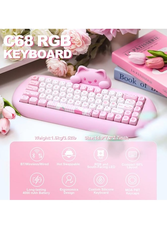 C68 Wireless Mechanical Keyboard, 65% Gaming Keyboard Hot Swap,Triple Mode BT5.0/2.4G/Wired, RGB Backlit NKRO,Cute Cat Silicone Ergonomic Keyboard for Win/Mac(Milk Switch, Pink)