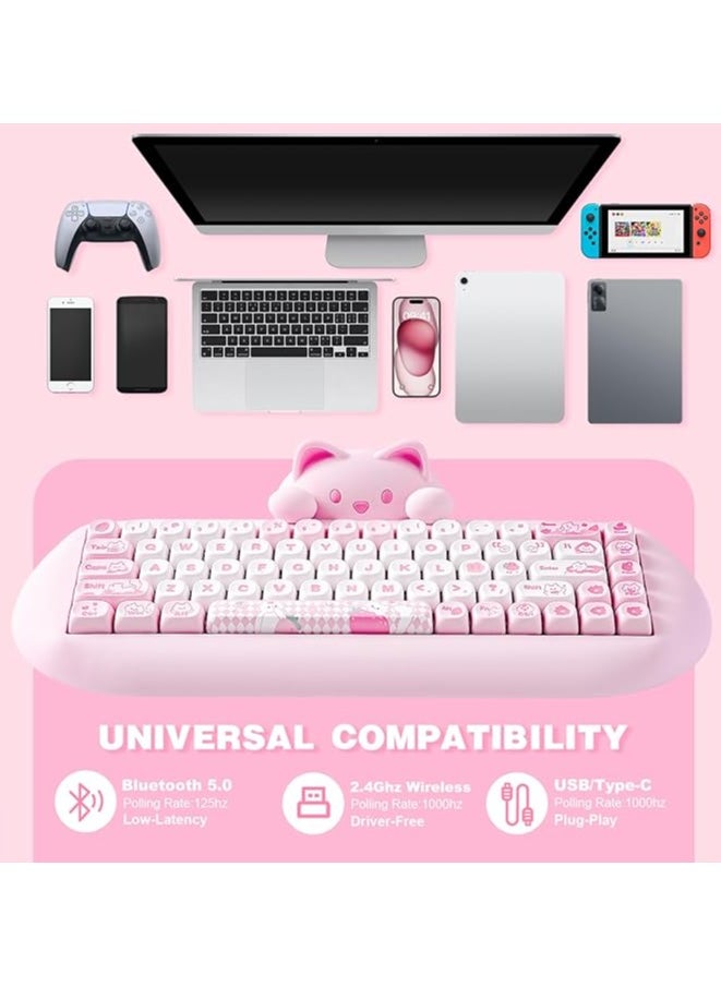 C68 Wireless Mechanical Keyboard, 65% Gaming Keyboard Hot Swap,Triple Mode BT5.0/2.4G/Wired, RGB Backlit NKRO,Cute Cat Silicone Ergonomic Keyboard for Win/Mac(Milk Switch, Pink)