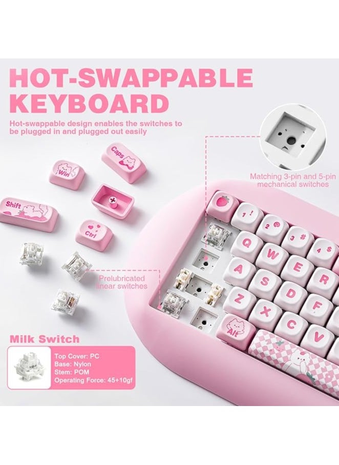 C68 Wireless Mechanical Keyboard, 65% Gaming Keyboard Hot Swap,Triple Mode BT5.0/2.4G/Wired, RGB Backlit NKRO,Cute Cat Silicone Ergonomic Keyboard for Win/Mac(Milk Switch, Pink)