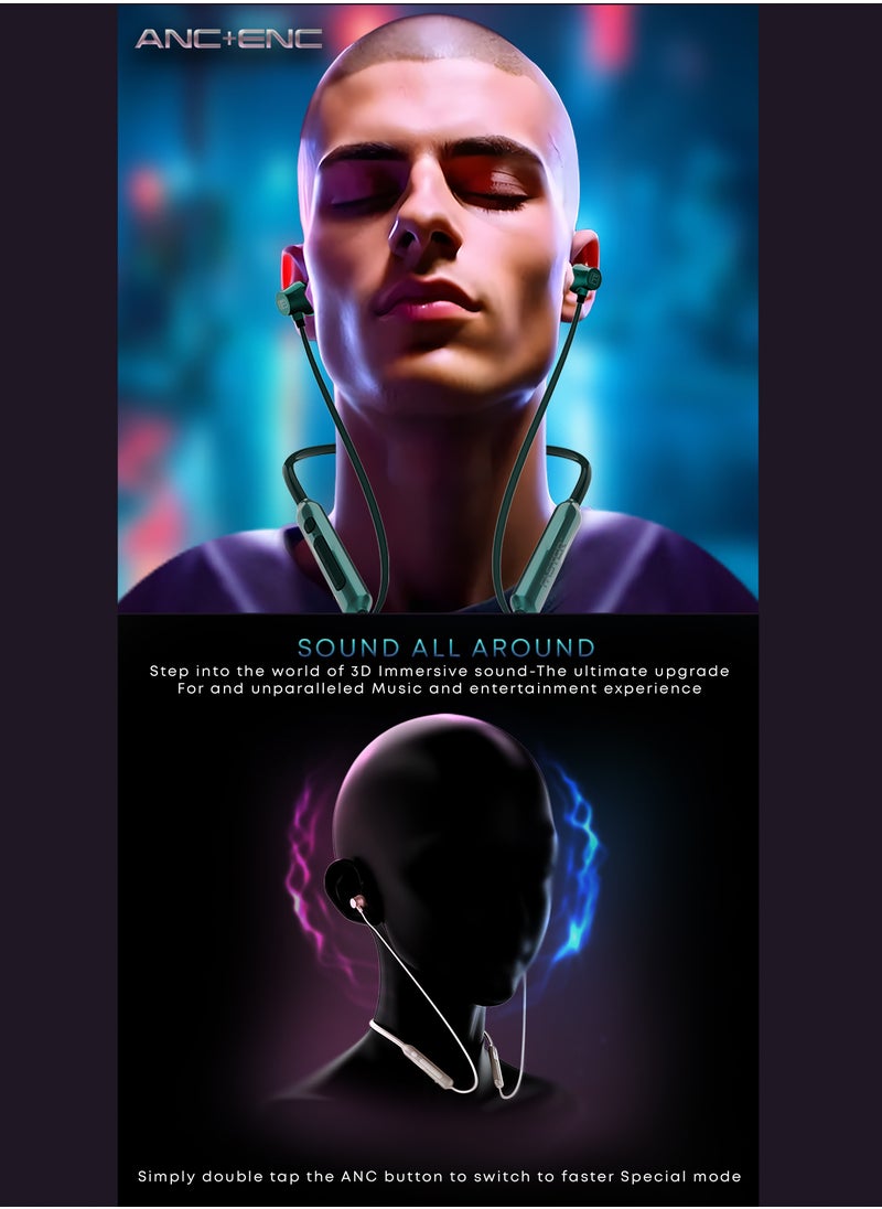Sports Neckband In-Ear Wireless Earphones - Noise Canceling Headphones with Mic - Deep Bass, Active Noise Cancellation, Magnetic Buds, Fast Charging, and Voice Assistant - Earbuds Perfect for Sports, Gaming, Call, Music (Green)