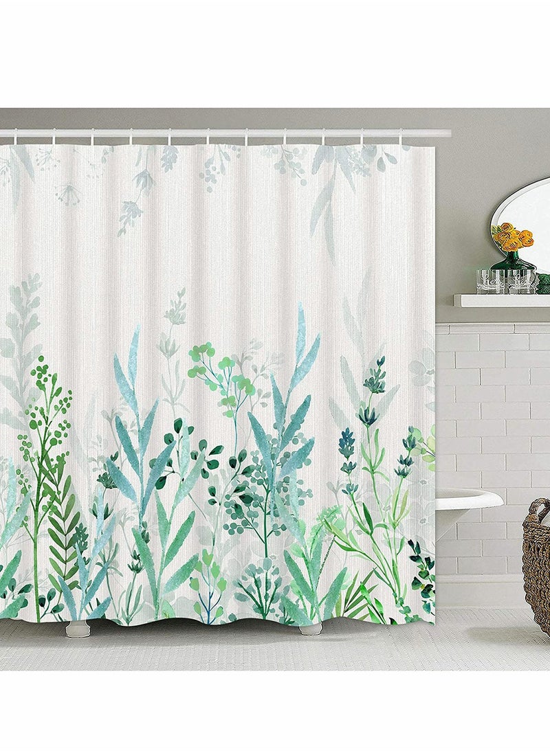 Watercolor Floral Shower Curtain, Greenery Botanical Leaves Shower Curtain with 12 Hooks, Waterproof Spring Shower Curtains for Bathroom