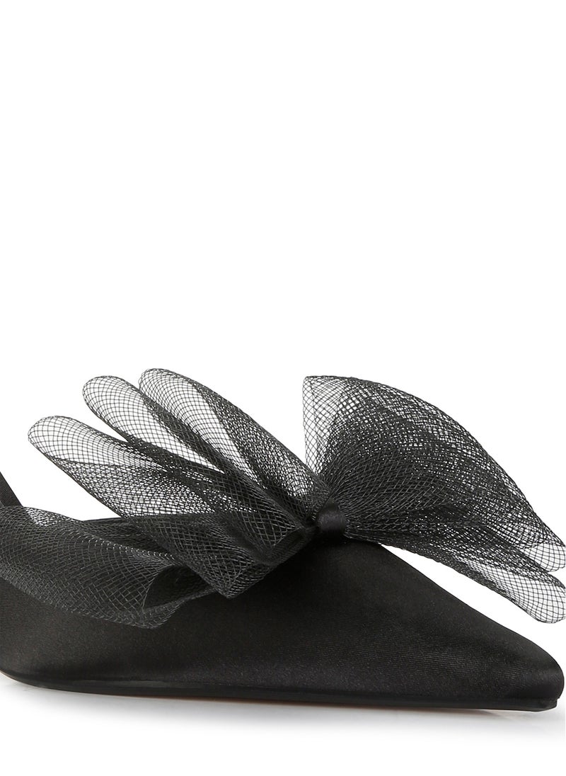 Black Organza Bow Embellished Mules