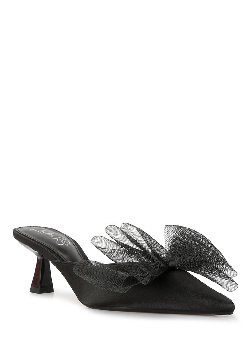 Black Organza Bow Embellished Mules