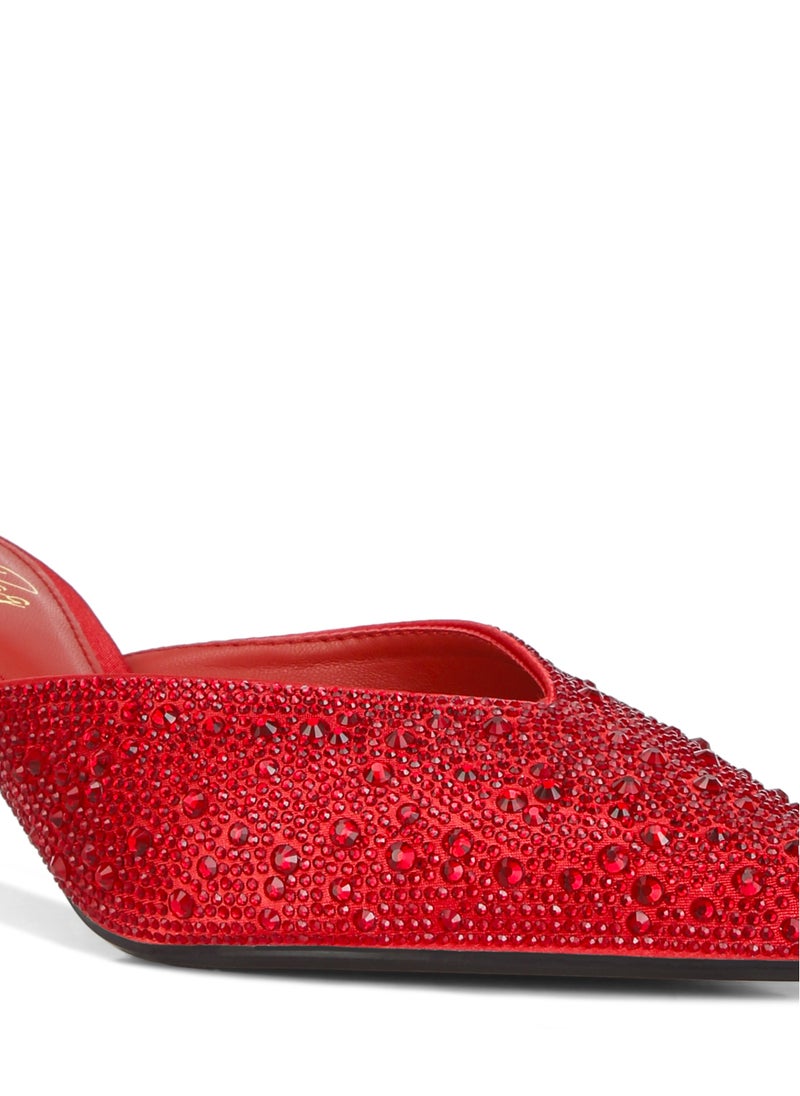 Rhinestones Embellished Satin Mules in Red