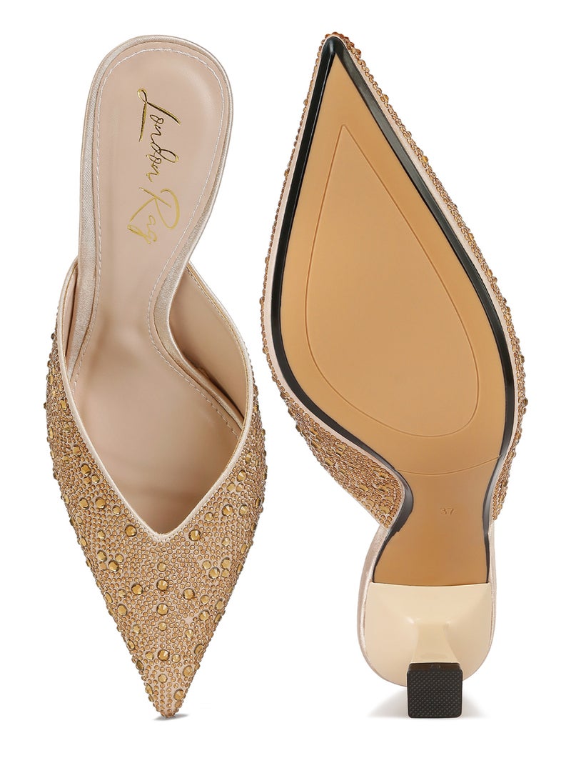 Rhinestones Embellished Satin Mules in Gold