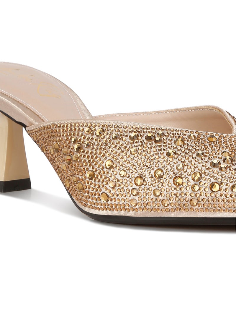 Rhinestones Embellished Satin Mules in Gold