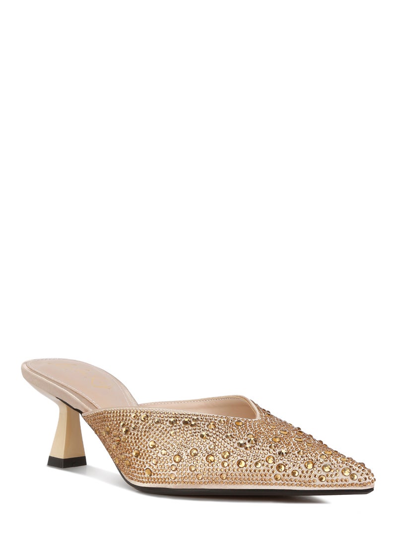 Rhinestones Embellished Satin Mules in Gold