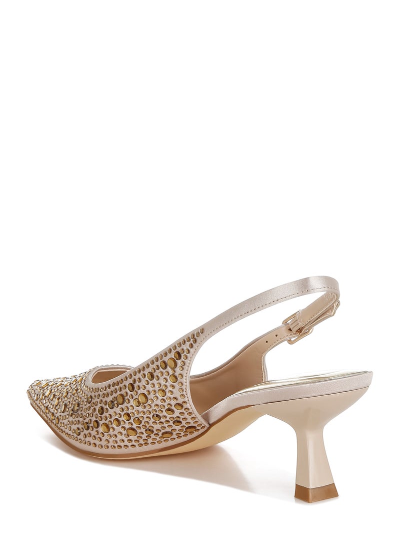 Pointed Toe Rhinestone Slingbacks in Beige