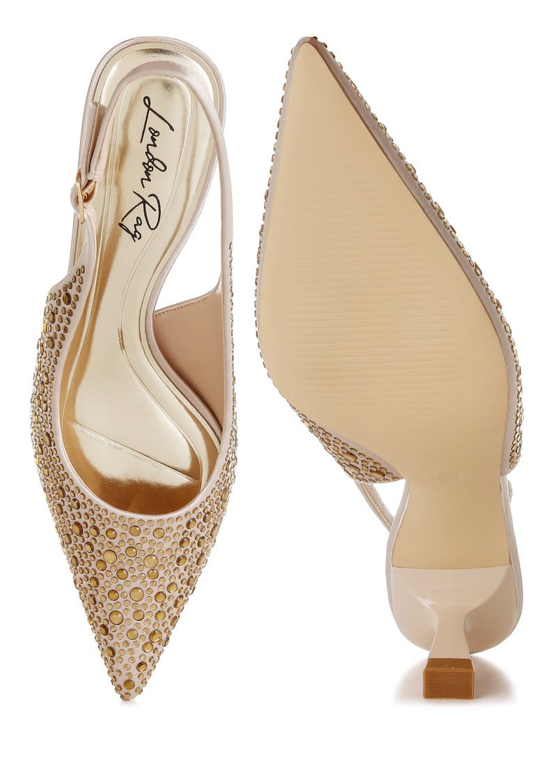 Pointed Toe Rhinestone Slingbacks in Beige