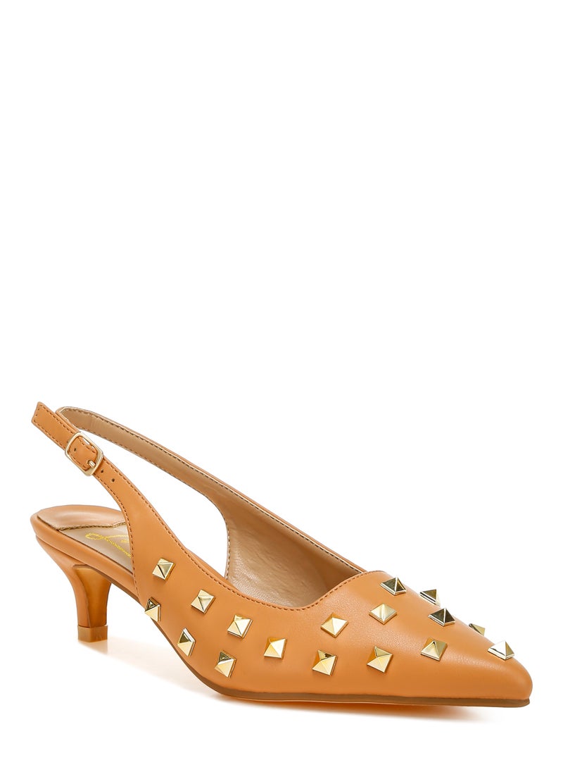 Stud Embellished Kitten Heels in Tan