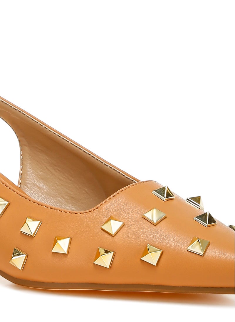 Stud Embellished Kitten Heels in Tan