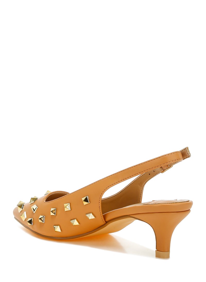 Stud Embellished Kitten Heels in Tan