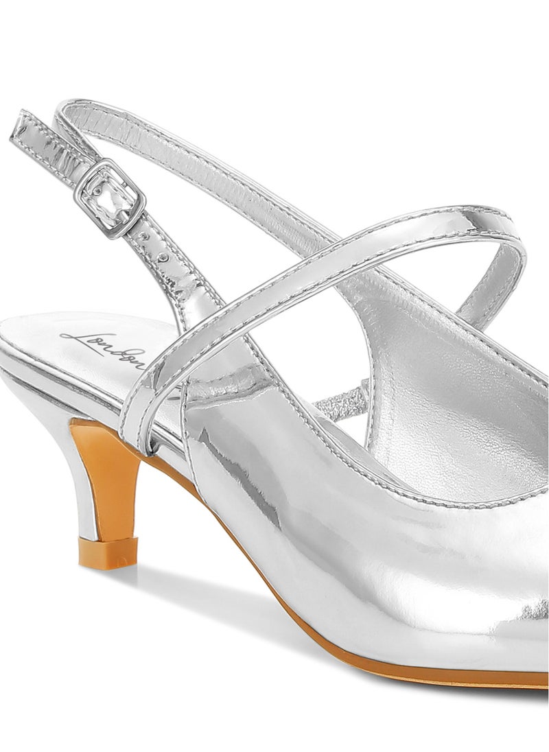 Kitten Heel Slingback Sandals in Silver