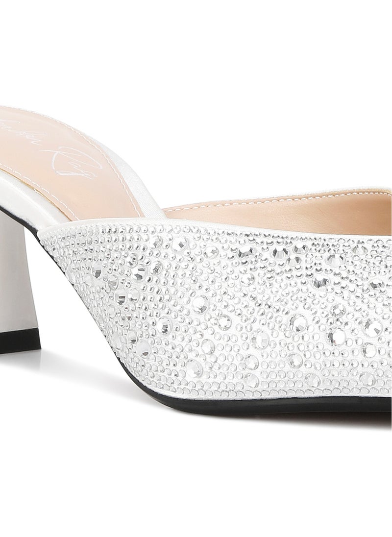 White Rhinestones Embellished Satin Mules