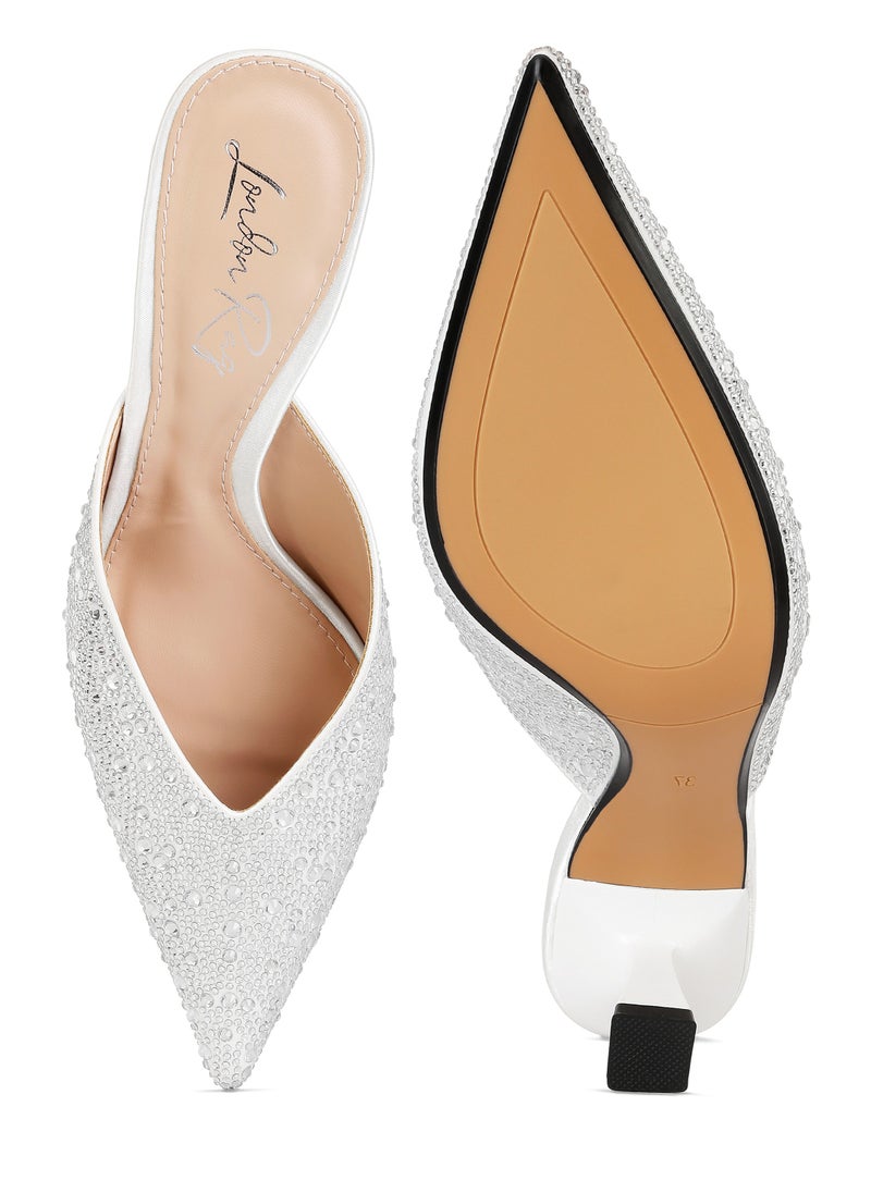 White Rhinestones Embellished Satin Mules