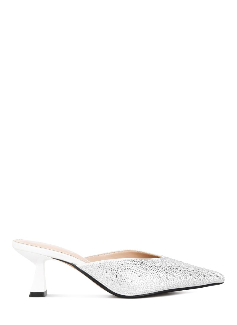 White Rhinestones Embellished Satin Mules