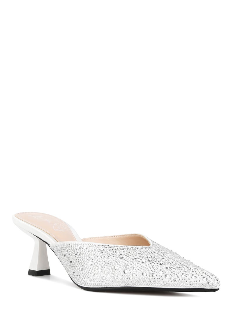 White Rhinestones Embellished Satin Mules