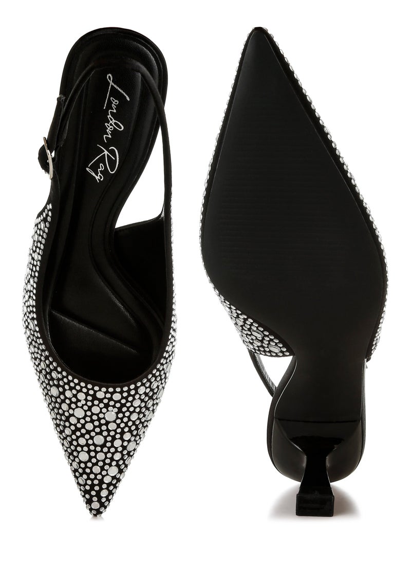 Pointed Toe Rhinestone Slingbacks in Black