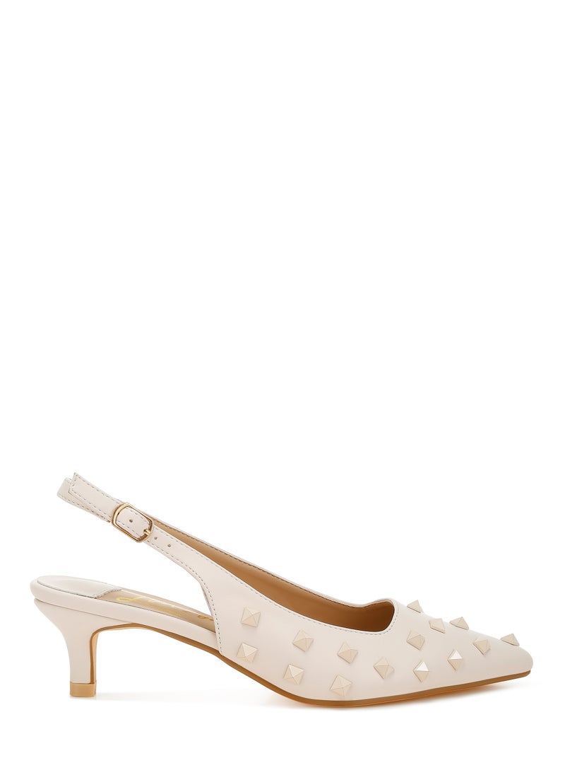 Stud Embellished Kitten Heels in Beige