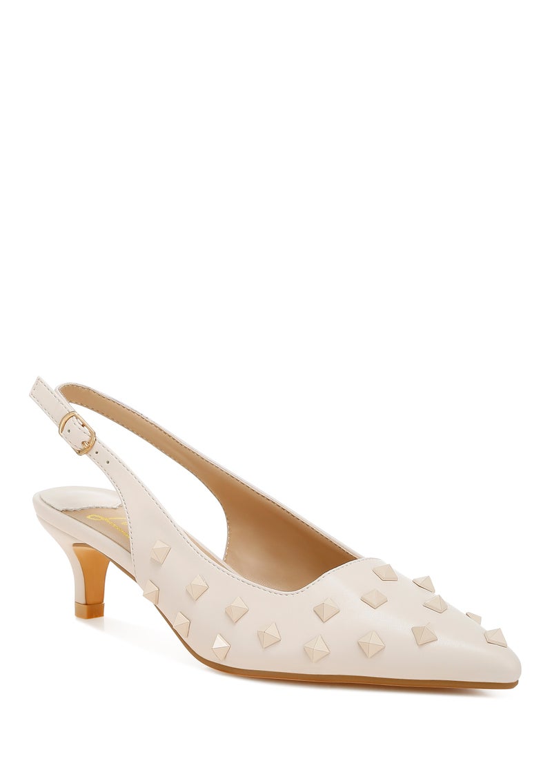 Stud Embellished Kitten Heels in Beige