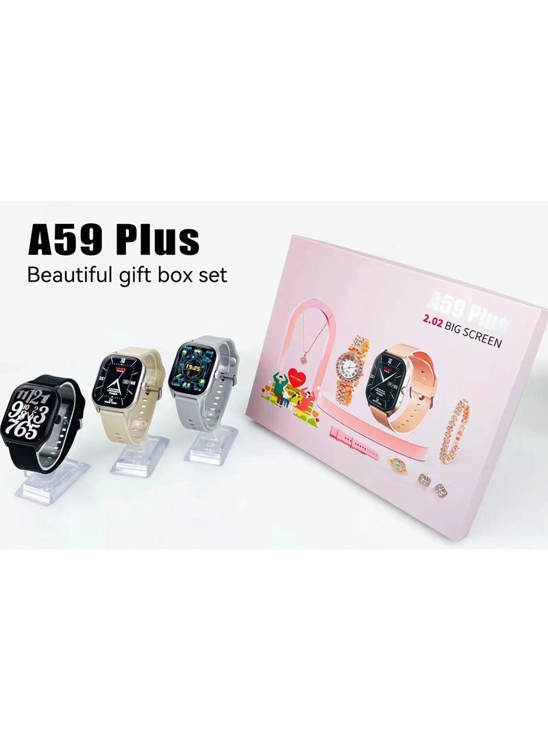 A59 Plus Smartwatch, 2.02 Inch Big Screen, Magnetic Charging, Heart Rate Monitor, Sports Band, Gift Set for Women (Silver)