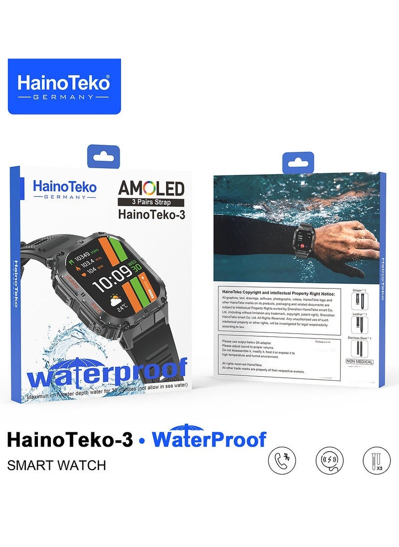 Haino Teko-3 AMOLED Display Waterproof Smart Watch With  3 Pair Straps and Charging Cable For Mens