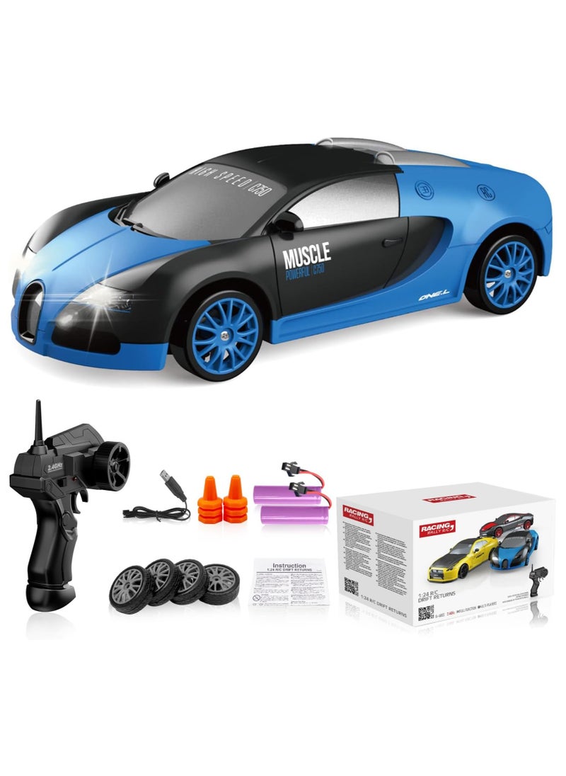 High-Speed 4WD Bugatti Veyron RC Drift Car with LED Lights & Drifting Tires – 1:24 (Blue)