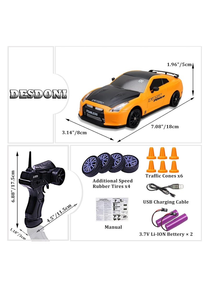 High-Speed 4WD Nissan GTR RC Drift Car with LED Lights & Drifting Tires – 1:24 (Yellow)