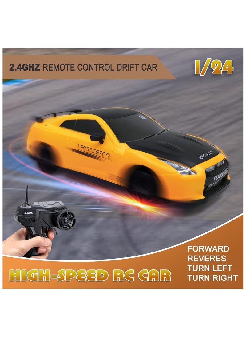 High-Speed 4WD Nissan GTR RC Drift Car with LED Lights & Drifting Tires – 1:24 (Yellow)