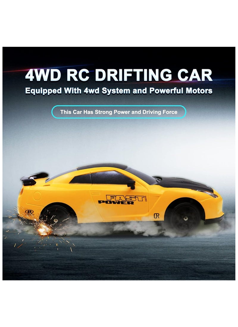 High-Speed 4WD Nissan GTR RC Drift Car with LED Lights & Drifting Tires – 1:24 (Yellow)