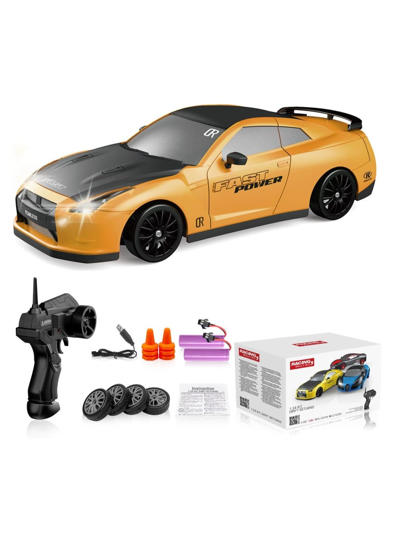 High-Speed 4WD Nissan GTR RC Drift Car with LED Lights & Drifting Tires – 1:24 (Yellow)