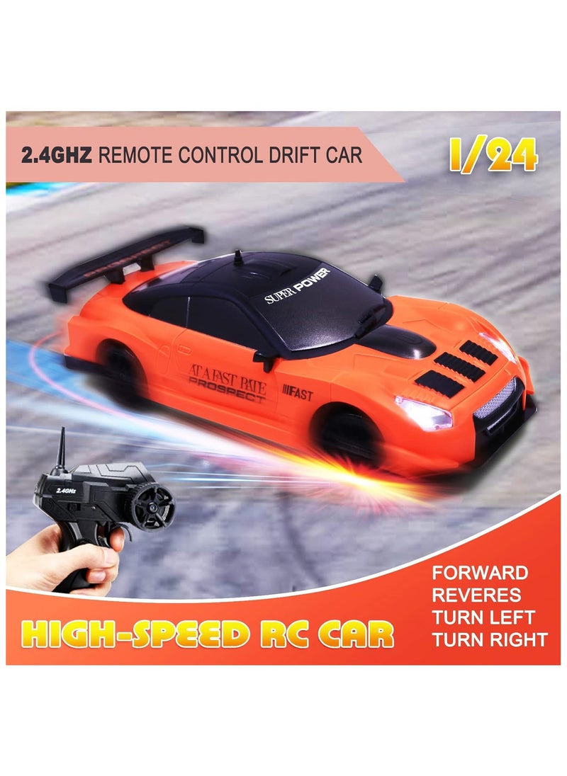 High Speed Drift Rc Car 4WD Toy Remote Control Vehicle Car, with LED Lights Drifting Tire 1:24 (Orange)