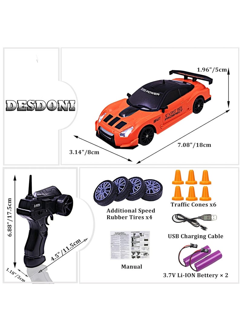 High Speed Drift Rc Car 4WD Toy Remote Control Vehicle Car, with LED Lights Drifting Tire 1:24 (Orange)