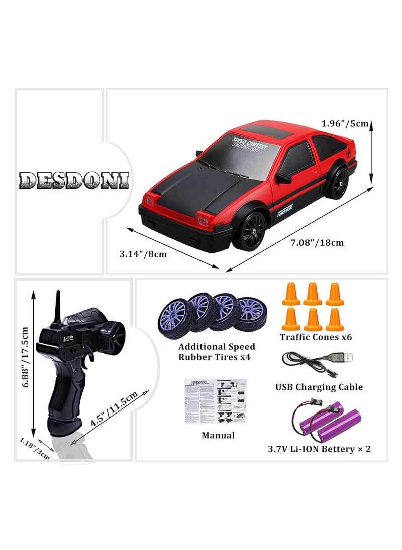 High Speed Drift Rc Car 4WD Toy Remote Control Vehicle Car, with LED Lights Drifting Tire 1:24 (Red)