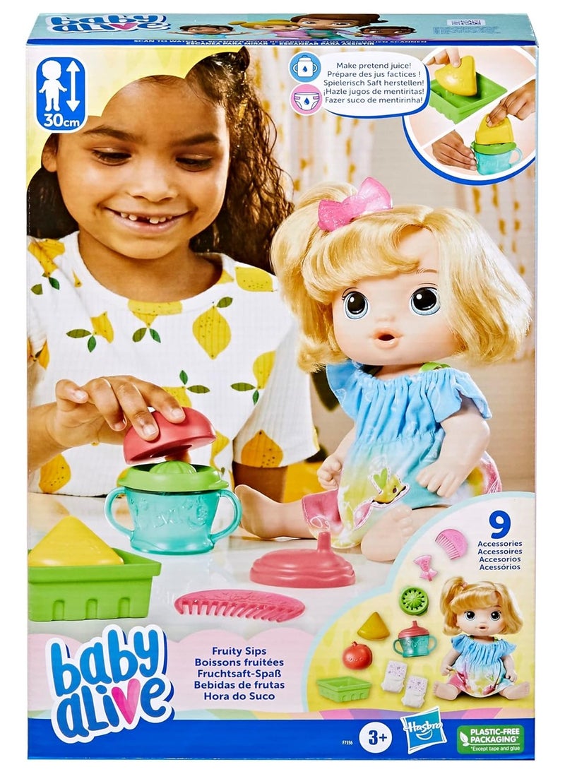 Baby Alive Fruity Sips Doll, Apple, Toys for 3 Year Old Girls, 12-inch Baby Doll Set, Drinks & Wets, Pretend Juicer