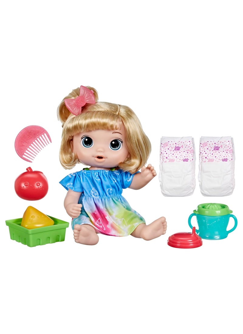 Baby Alive Fruity Sips Doll, Apple, Toys for 3 Year Old Girls, 12-inch Baby Doll Set, Drinks & Wets, Pretend Juicer