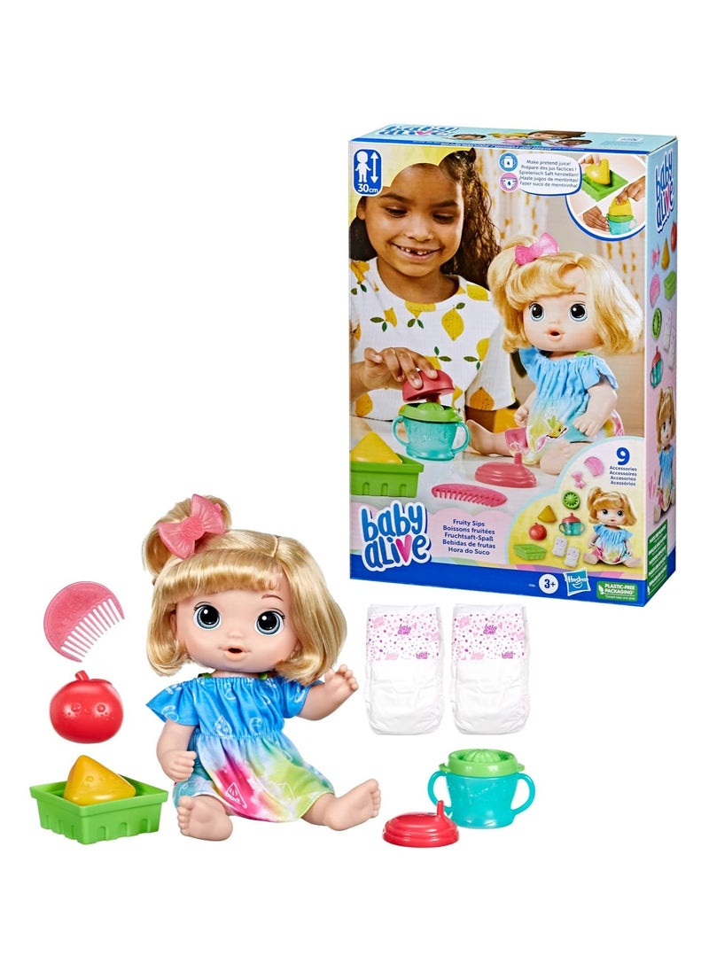 Baby Alive Fruity Sips Doll, Apple, Toys for 3 Year Old Girls, 12-inch Baby Doll Set, Drinks & Wets, Pretend Juicer