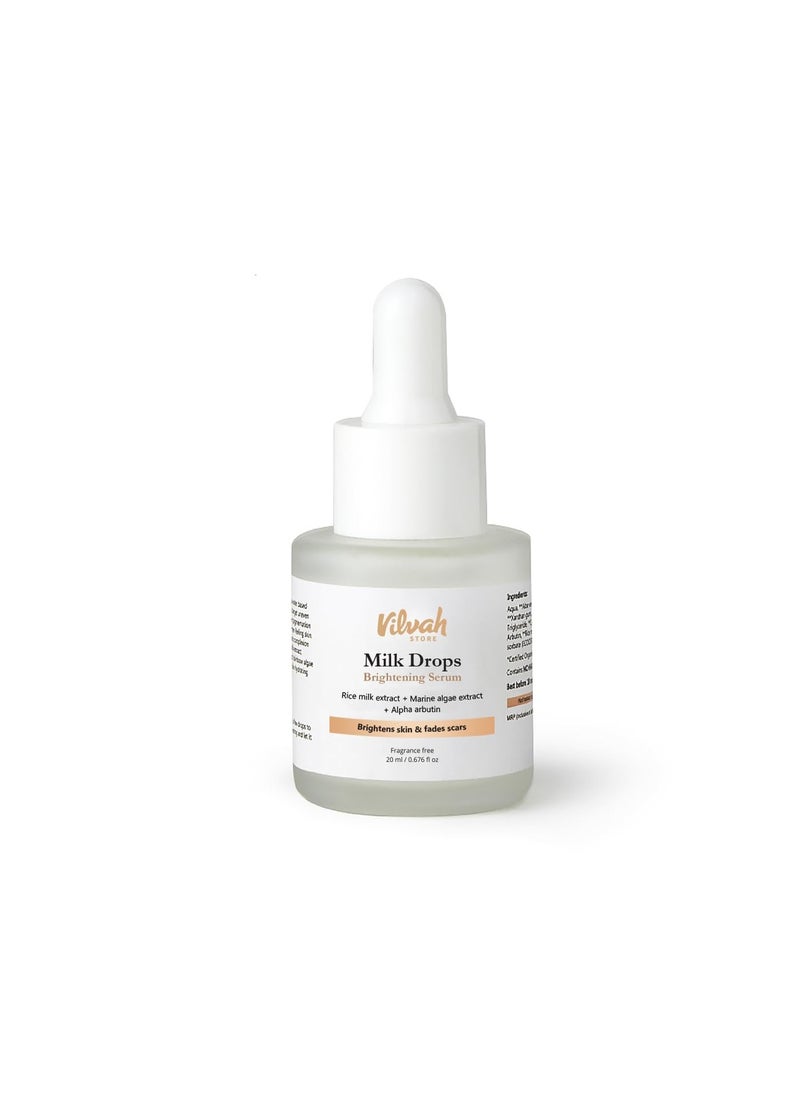 Vilvah Store Milk Drops Brightening Serum Formulated With Rice Milk Extract, Marine Algae Extract, Alpha Arbutin, Fades Scars, Brightens Skin & Even Skin Tone For All Skin Type, 20ml