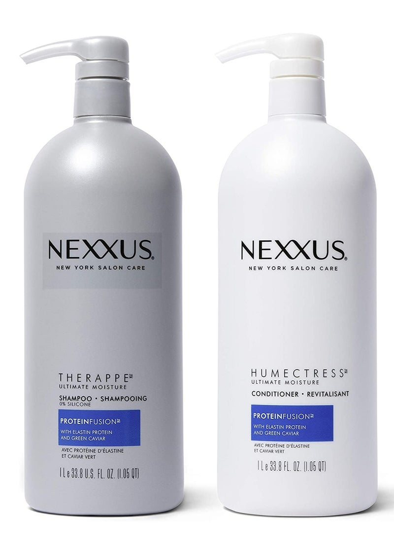 Nexxus Trend Shampoo and Conditioner for Dry Hair Therappe Humectress Silicone-Free, Moisturizing Caviar Complex and Elastin Protein 33.8 oz 2 Count, 1 liter Each Bottle