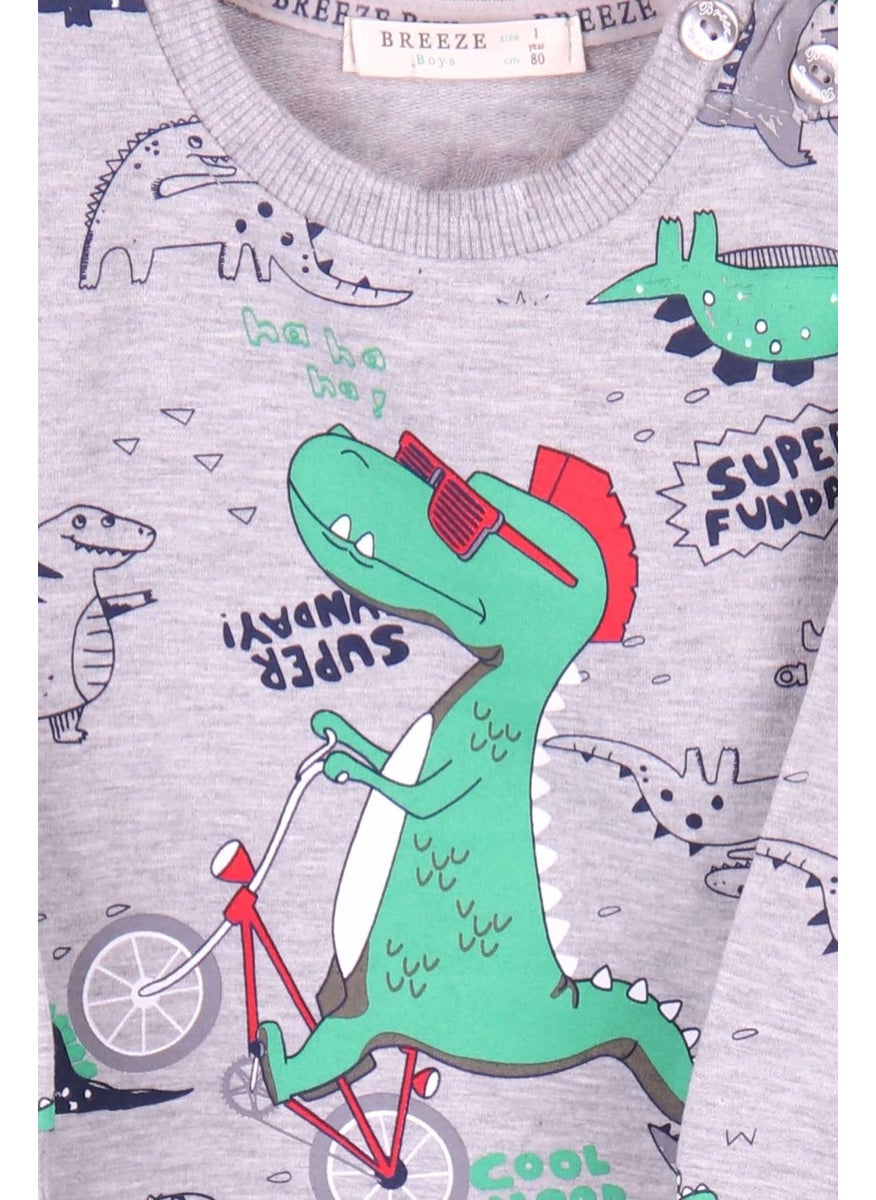 Baby Boy Tracksuit Set Dinosaur Printed Gray (9 Months-1.5 Years)