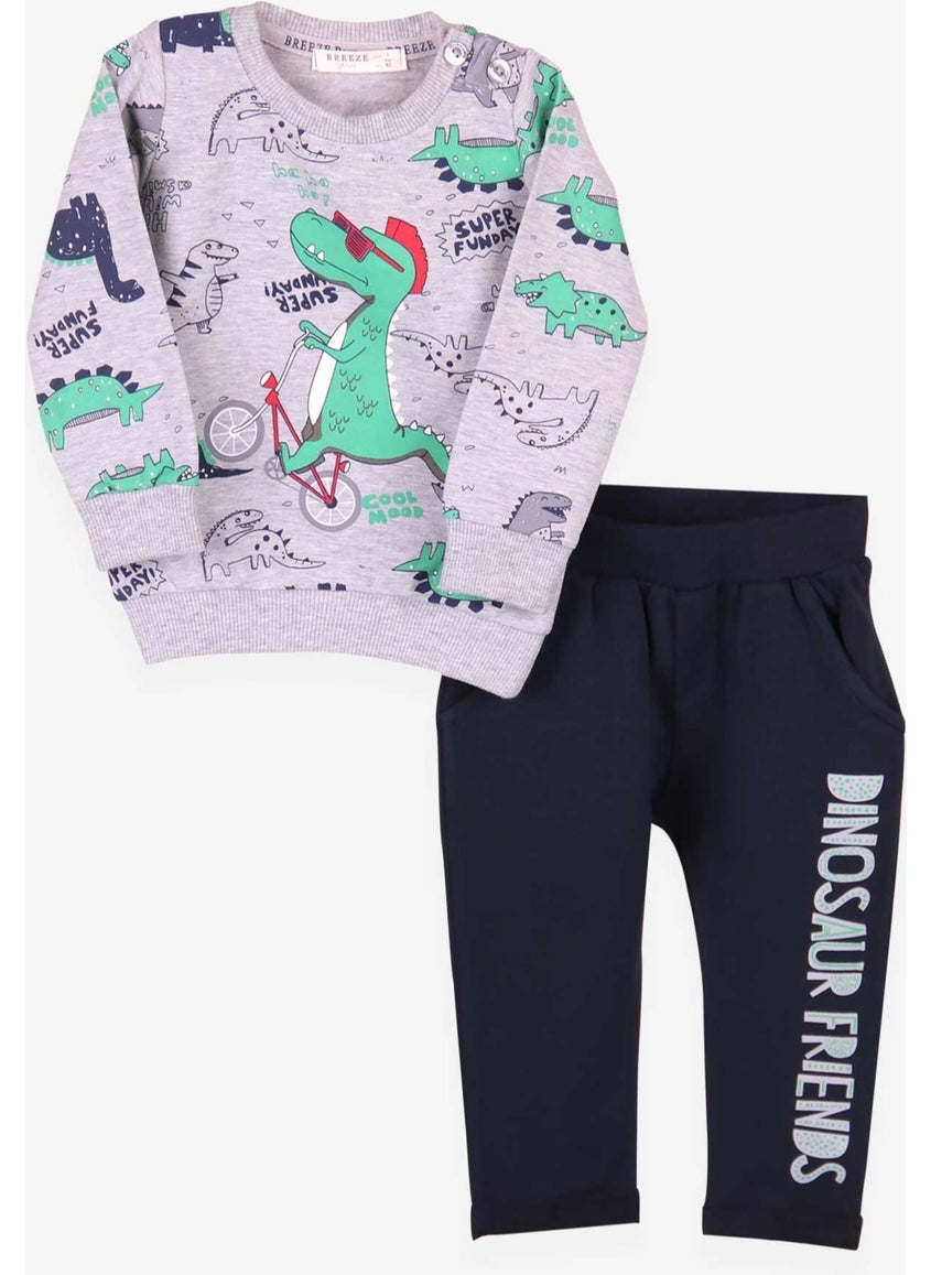 Baby Boy Tracksuit Set Dinosaur Printed Gray (9 Months-1.5 Years)