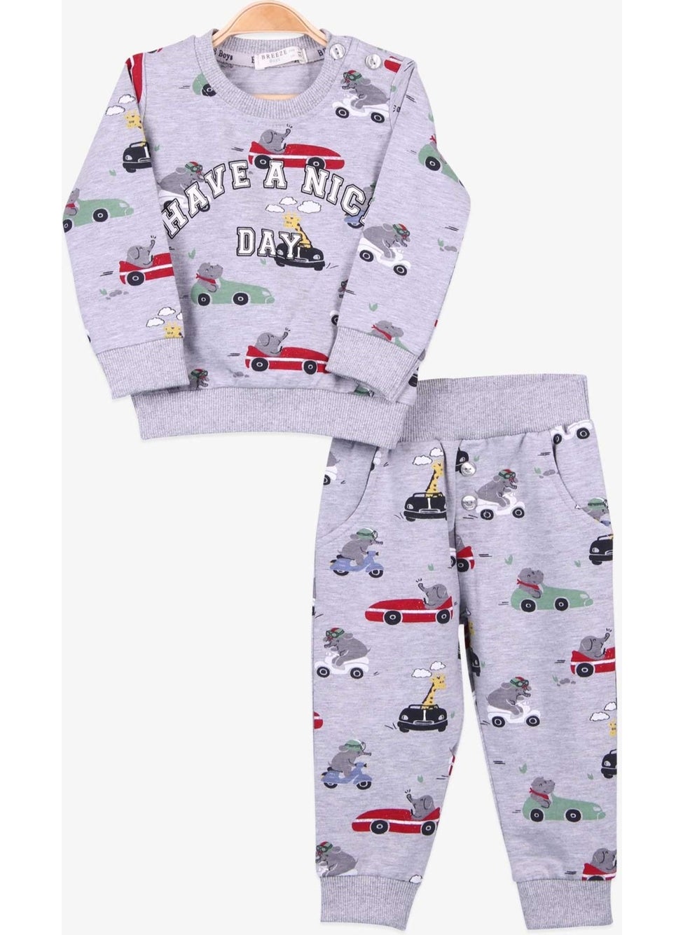 Baby Boy Tracksuit Set Printed Patterned Gray Melange (6 Months-2 Years)