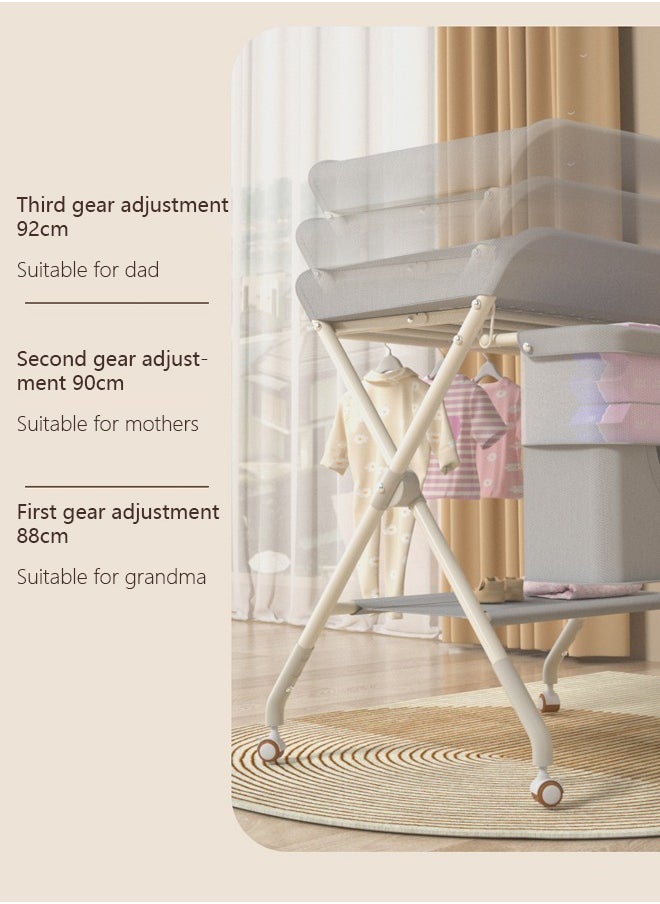 Portable Baby Changing Station with Adjustable Height - Foldable Diaper Table with Wheels,Waterproof Pad, Safety Belt & Large Storage Racks, Ideal for Newborn and Infants (Light Grey)