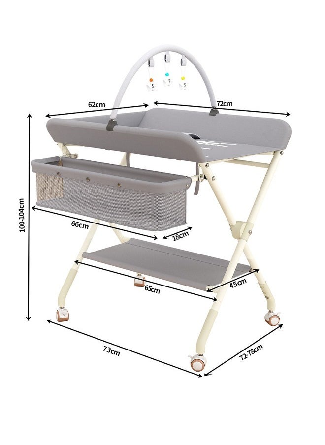 Portable Baby Changing Station with Adjustable Height - Foldable Diaper Table with Wheels,Waterproof Pad, Safety Belt & Large Storage Racks, Ideal for Newborn and Infants (Light Grey)