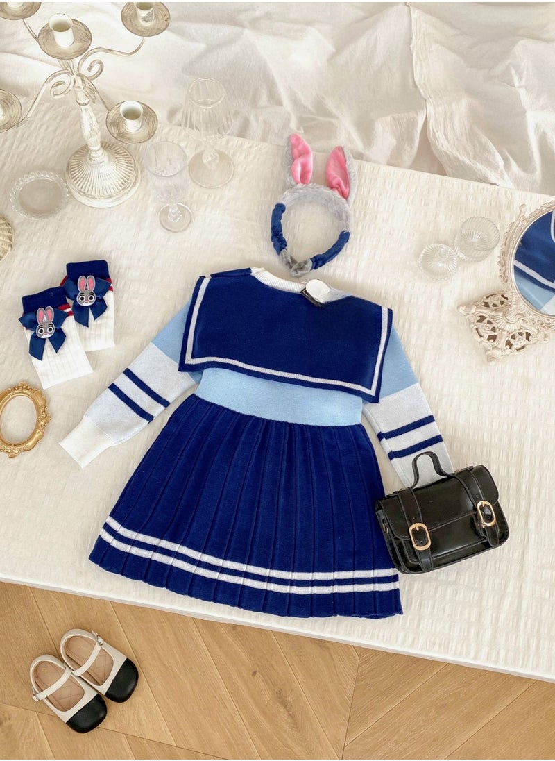 Four Piece Set —Children's Fashionable And Stylish Cartoon Pleated Knitted Long Sleeved Dress, Hat, Socks, Hair Hoop