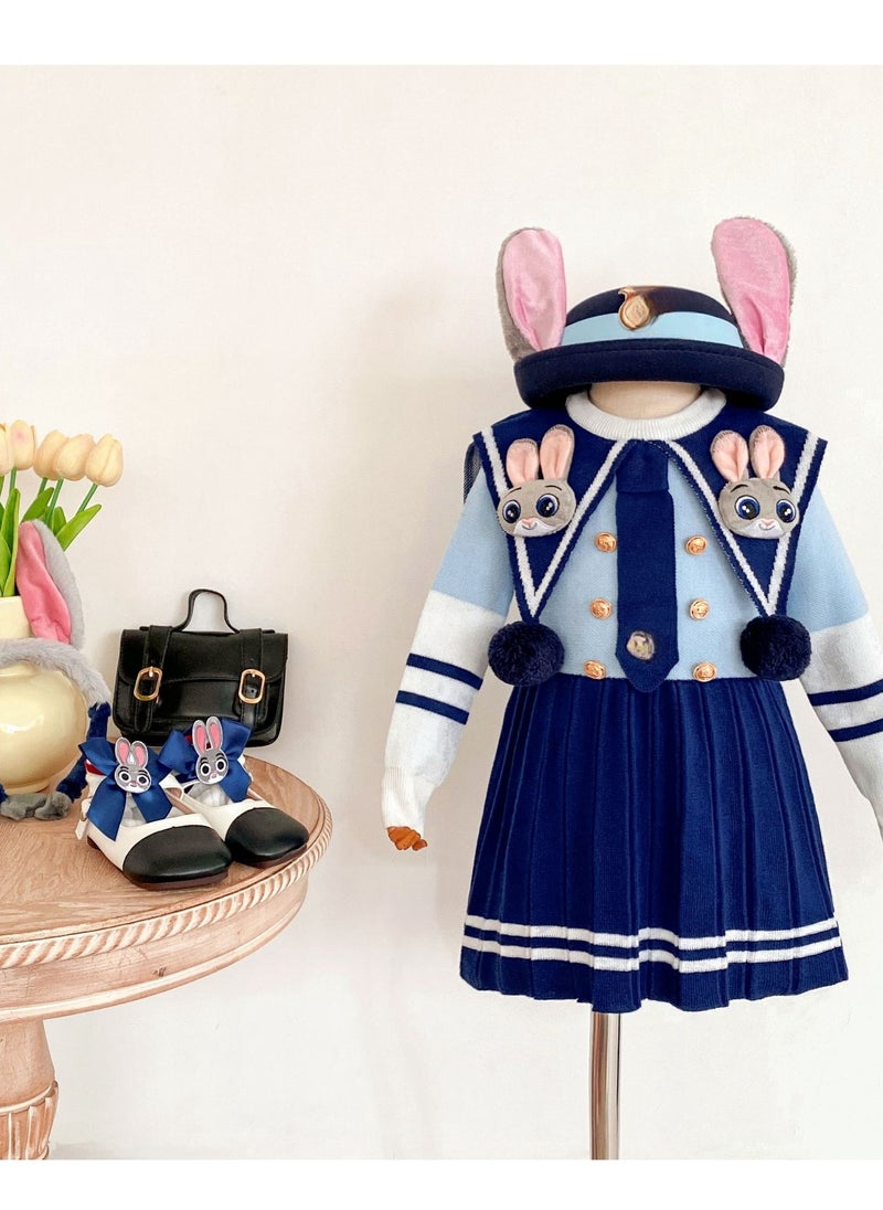 Four Piece Set —Children's Fashionable And Stylish Cartoon Pleated Knitted Long Sleeved Dress, Hat, Socks, Hair Hoop