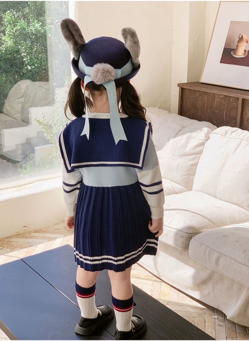 Four Piece Set —Children's Fashionable And Stylish Cartoon Pleated Knitted Long Sleeved Dress, Hat, Socks, Hair Hoop