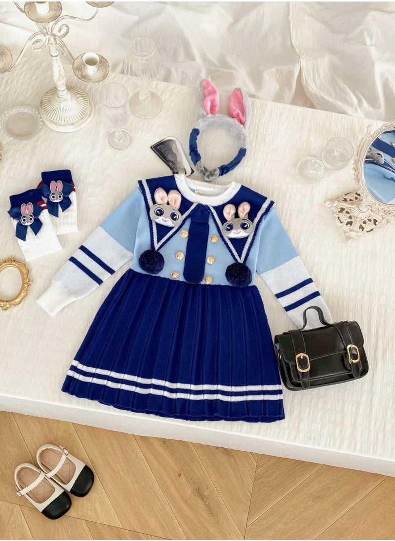 Four Piece Set —Children's Fashionable And Stylish Cartoon Pleated Knitted Long Sleeved Dress, Hat, Socks, Hair Hoop